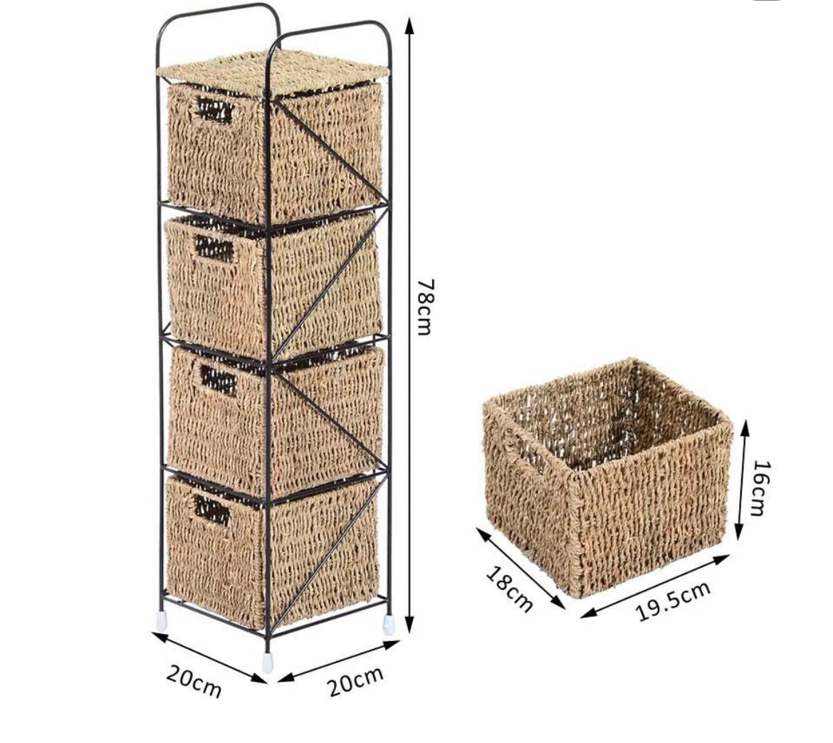 Cajonera Iron - Hierro Negro con 4 Cajones de Mimbre - Estructura Industrial
