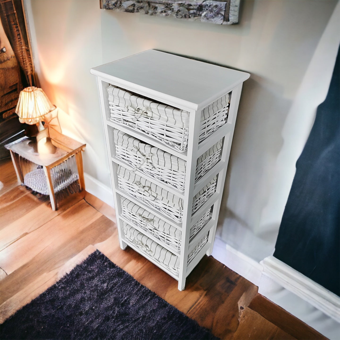 Cajonera en Madera con 5 cajones en Mimbre Blanco