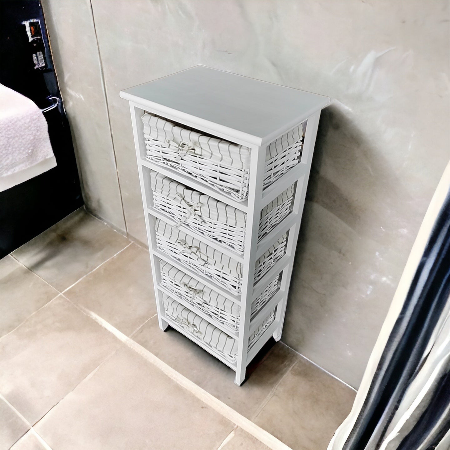 Cajonera en Madera con 5 cajones en Mimbre Blanco