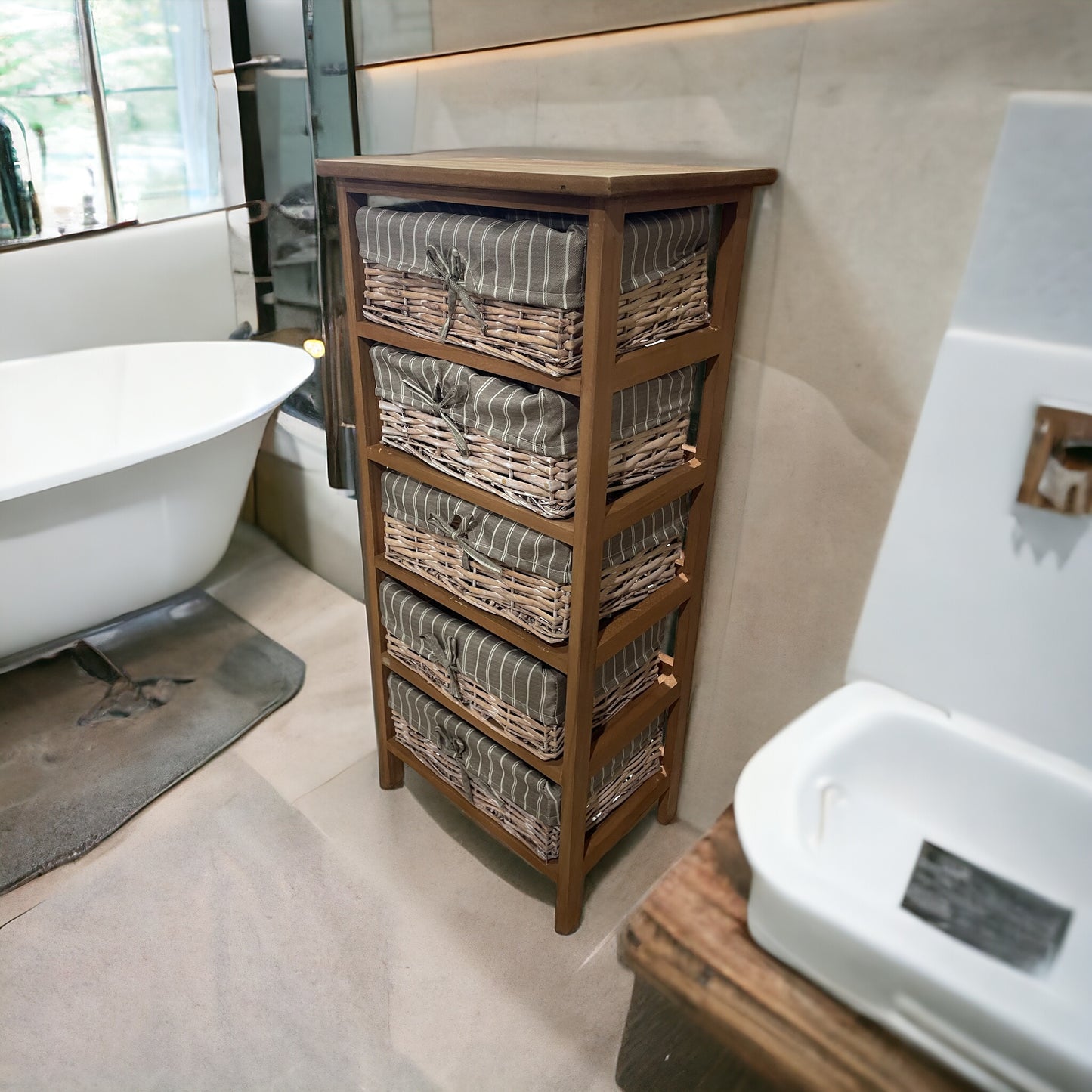 Cajonera en Madera con 5 cajones en Mimbre Marron claro