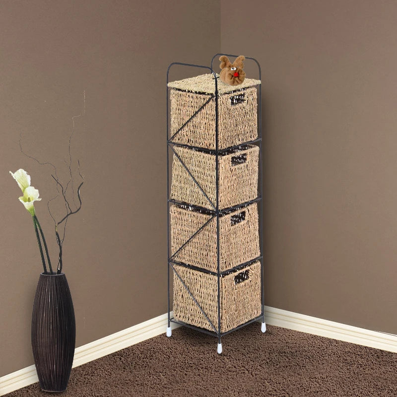 Cajonera Iron - Hierro Negro con 4 Cajones de Mimbre - Estructura Industrial