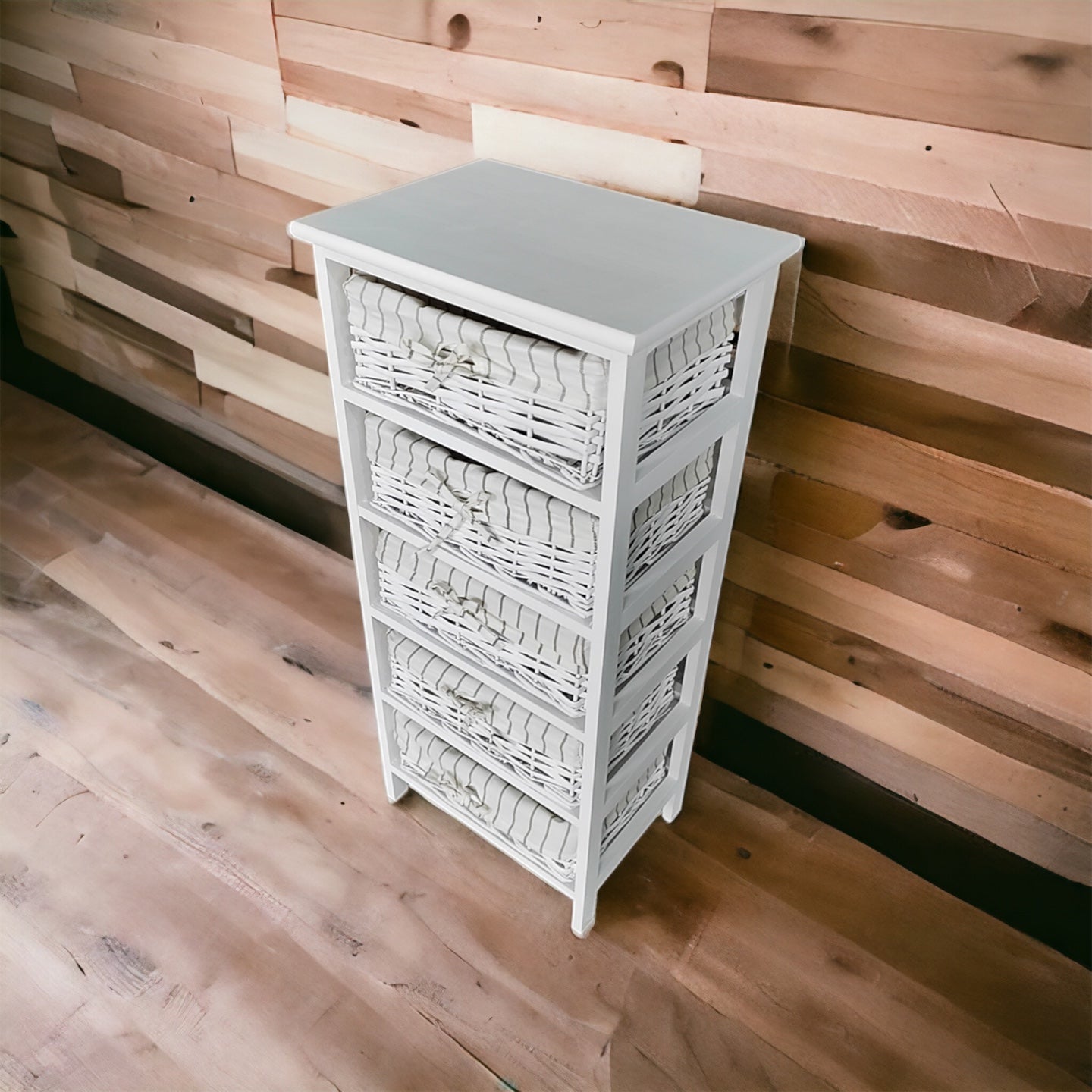 Cajonera en Madera con 5 cajones en Mimbre Blanco