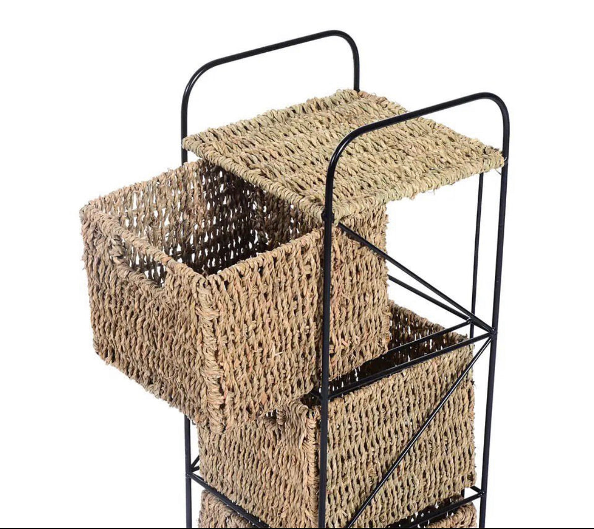 Cajonera Iron - Hierro Negro con 4 Cajones de Mimbre - Estructura Industrial
