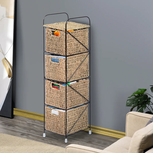 Cajonera Iron - Hierro Negro con 4 Cajones de Mimbre - Estructura Industrial