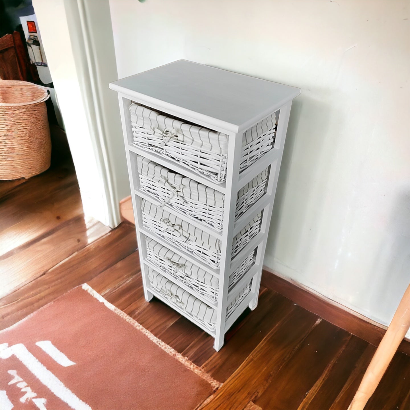 Cajonera en Madera con 5 cajones en Mimbre Blanco