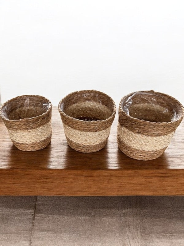 Maceteros Tejidos franja Blanco - Set de 3 Piezas de Yute o Seagrass