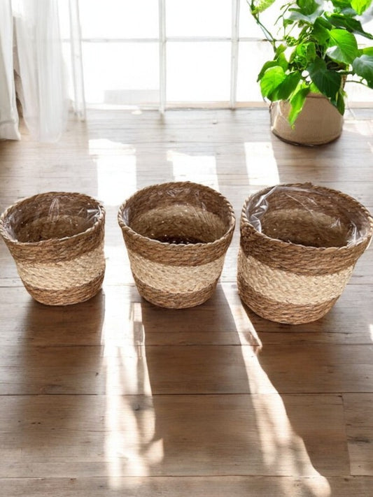 Maceteros Tejidos franja Blanco - Set de 3 Piezas de Yute o Seagrass