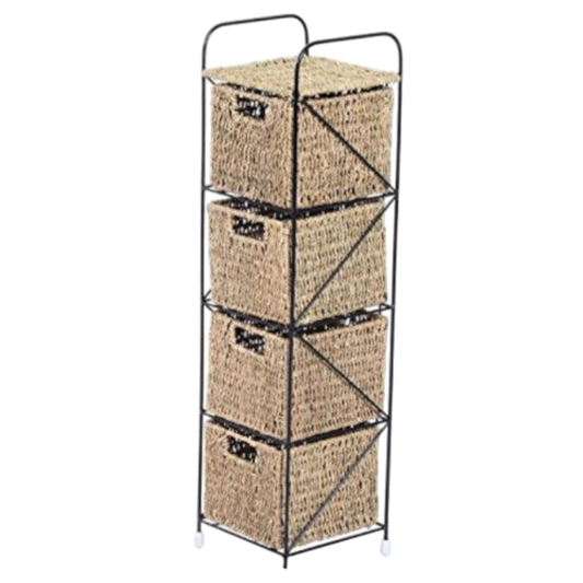 Cajonera Iron - Hierro Negro con 4 Cajones de Mimbre - Estructura Industrial