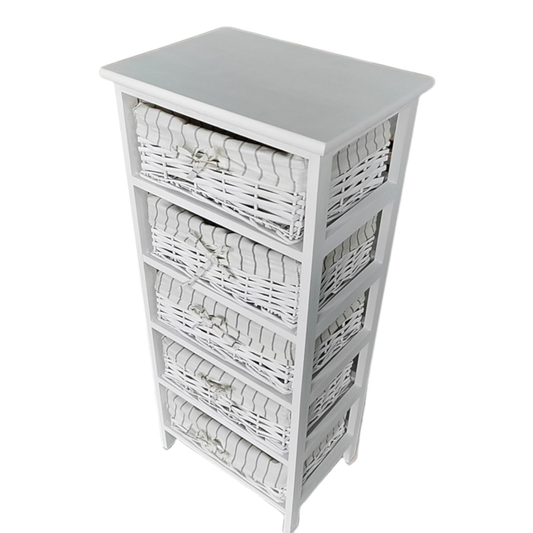 Cajonera en Madera con 5 cajones en Mimbre Blanco