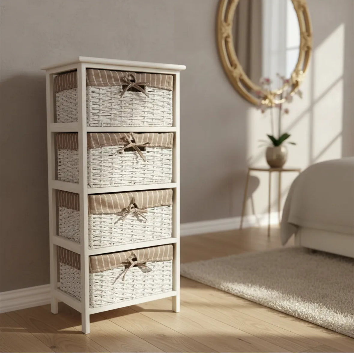 Cajonera en Madera con 4 cajones simil Mimbre Blanco