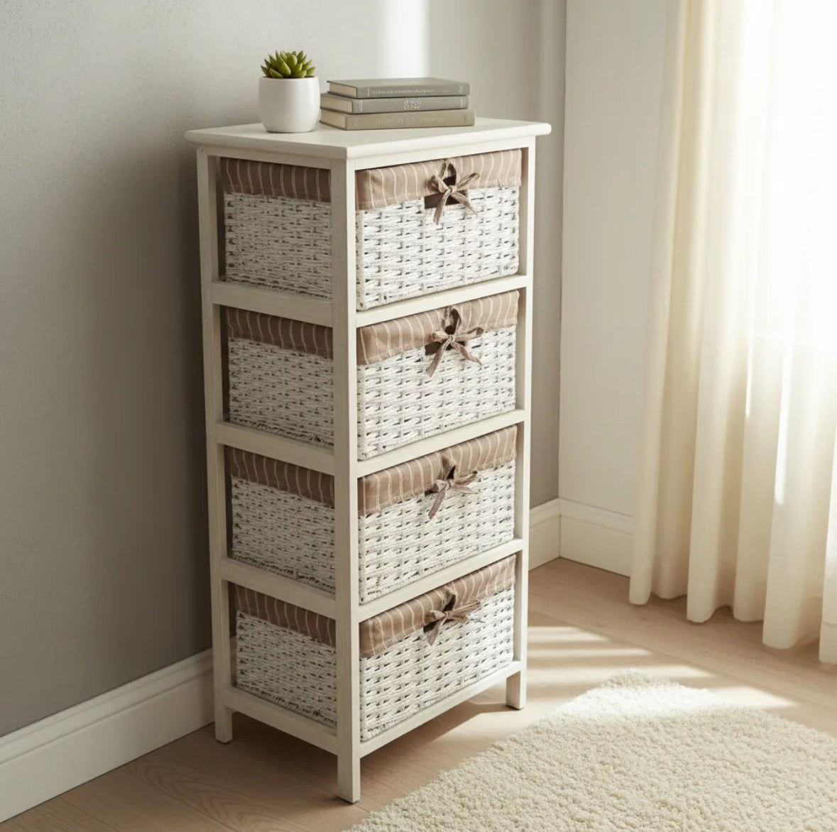 Cajonera en Madera con 4 cajones simil Mimbre Blanco