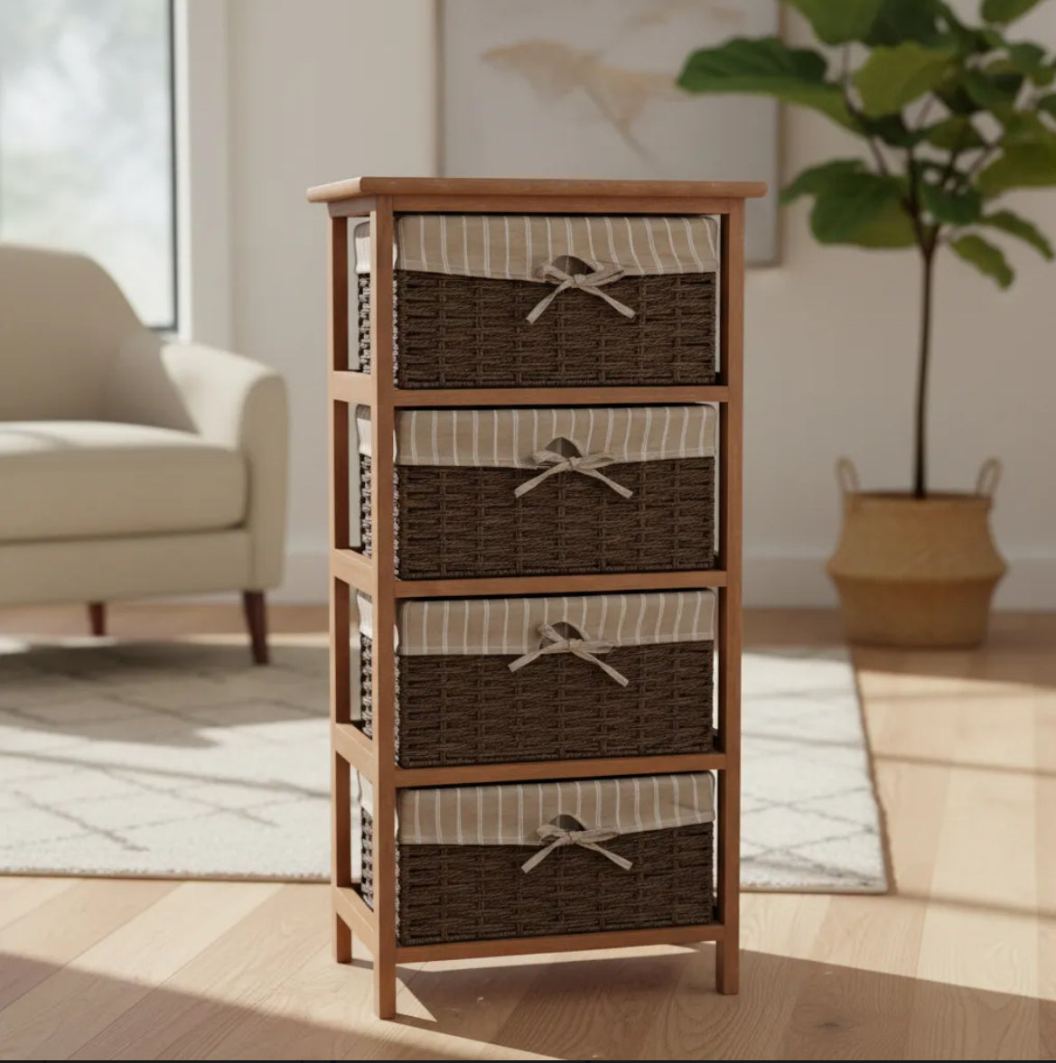 Cajonera en Madera con 5 cajones en Mimbre Marron