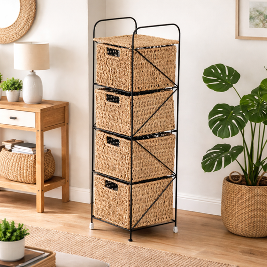 Cajonera Iron - Hierro Negro con 4 Cajones de Mimbre - Estructura Industrial
